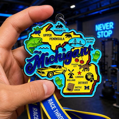 Hand holding Michigan Virtual Race medal for 1 mile, 5K, 10K, Half, and Marathon from virtualrunevent.