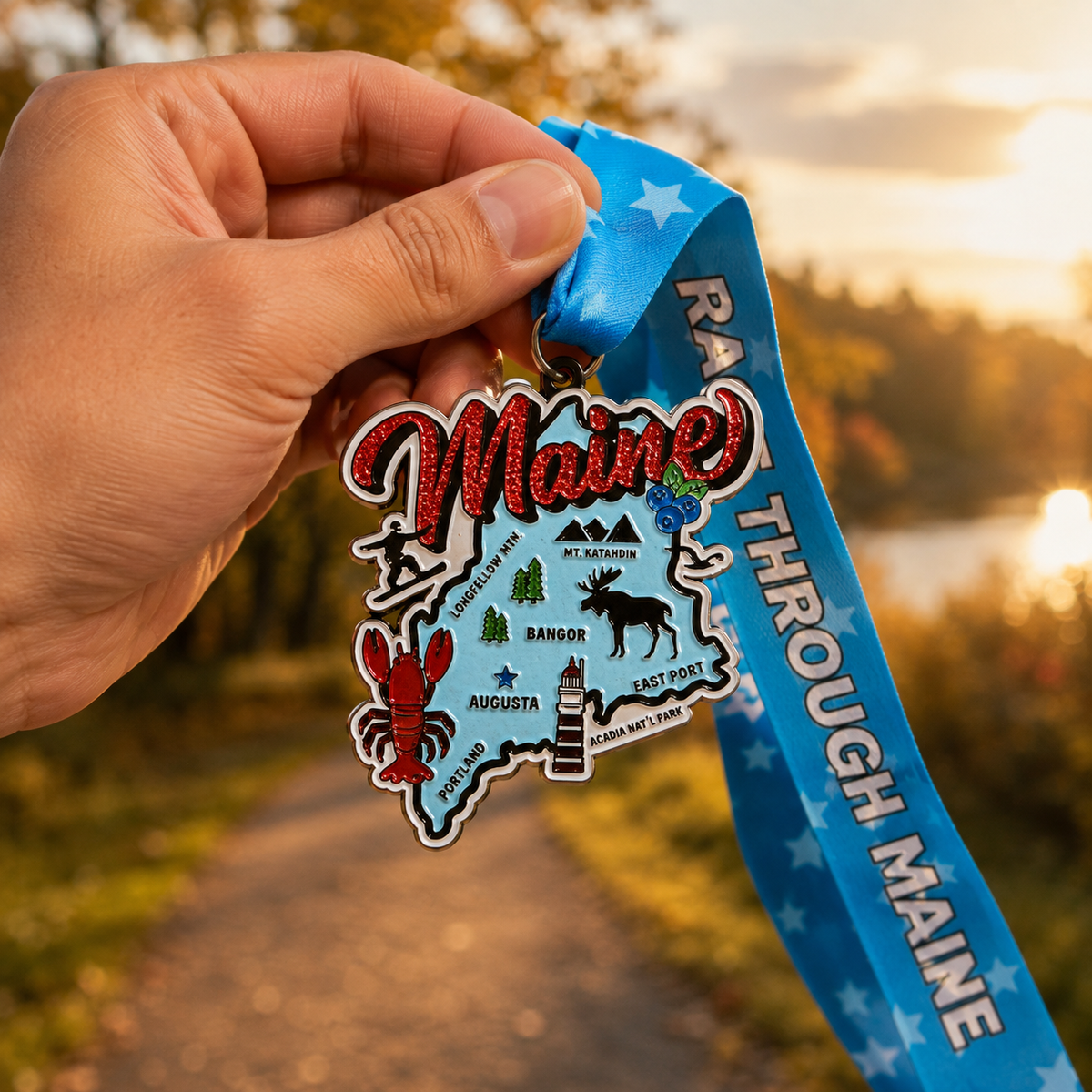 Hand holding a Race Through Maine Virtual Race medal featuring Maine landmarks and the virtualrunevent brand logo.