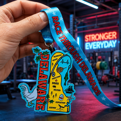 Hand holding a virtualrunevent Race Through Delaware medal for 5K, 10K, half marathon, and 50-mile challenge.