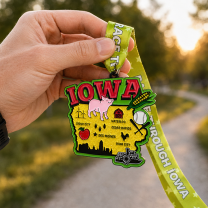 Virtualrunevent Iowa Race medal featuring a runner design, awarded for completing 5K, 10K, half marathon, or 50-mile virtual challenge.