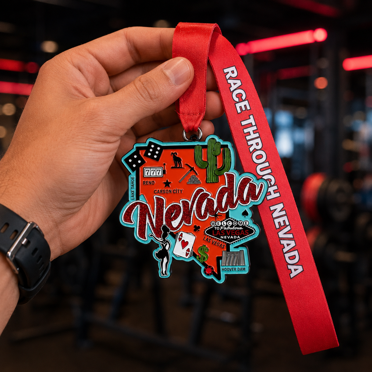 Virtualrunevent medal for Nevada virtual race challenge, featuring a hand holding a detailed race medal with Nevada-themed design.