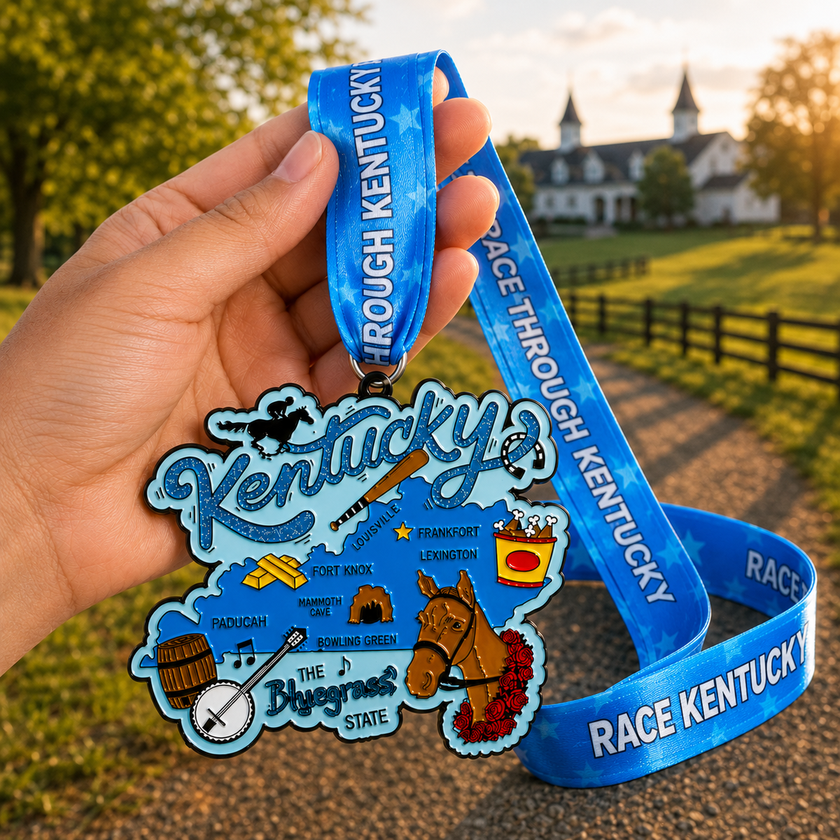 Hand holding virtualrunevent Race Through Kentucky medal for 5K, 10K, half marathon, and 50 mile challenge.