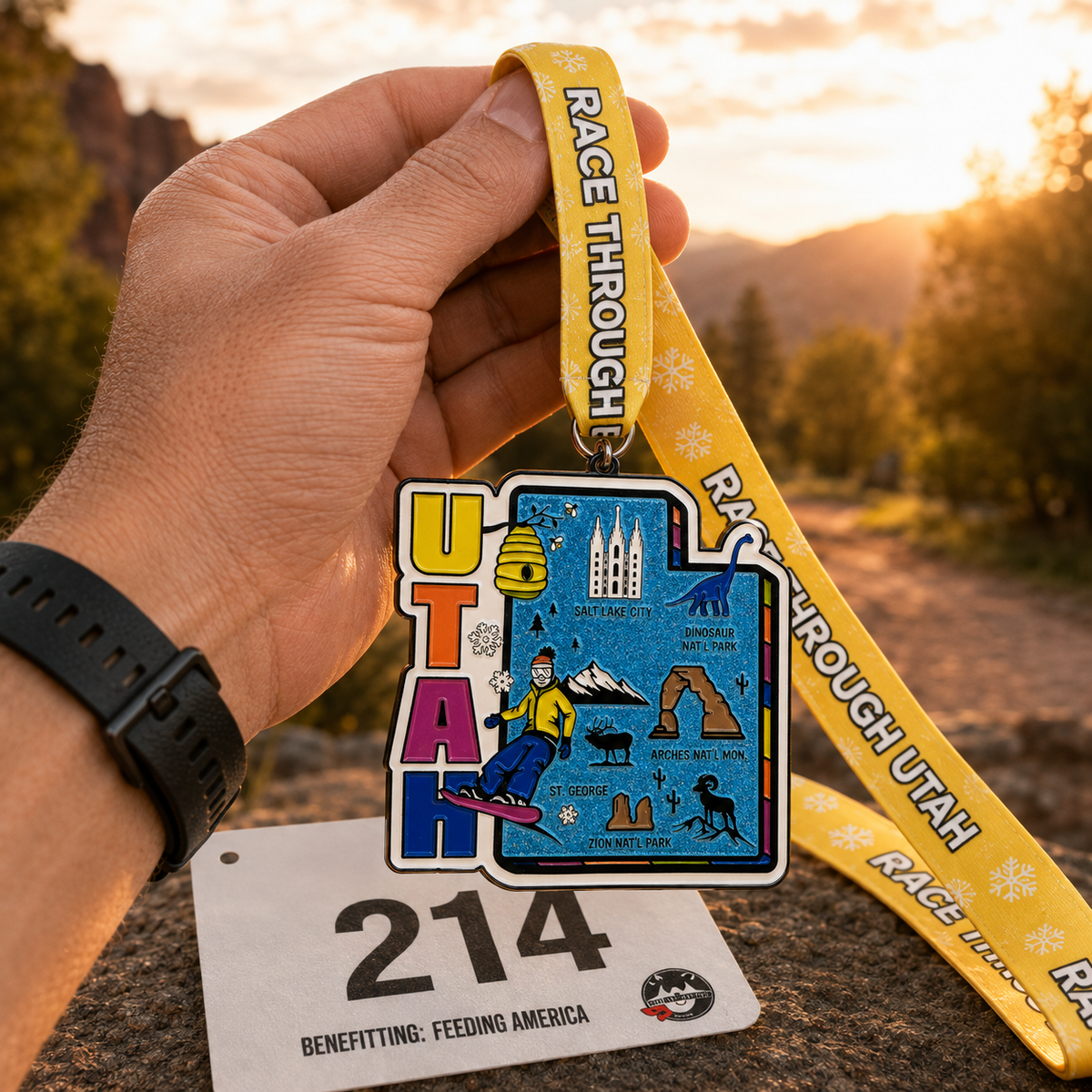 Hand holding a virtualrunevent medal for the Race Through Utah virtual race challenge, featuring a colorful Utah-themed design.