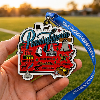 Virtualrunevent Race Through Pennsylvania medal held in hand, featuring Pennsylvania-themed design for 5K to marathon virtual race.
