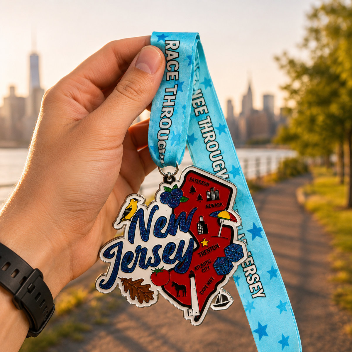 Virtualrunevent race medal for New Jersey virtual race, featuring a hand holding a detailed medal for 5K, 10K, half marathon, and 50-mile challenge