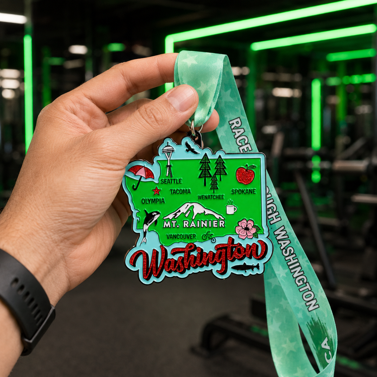 Virtualrunevent Race Through Washington medal held in hand, featuring Washington landmarks and race details for 5K, 10K, or half marathon.