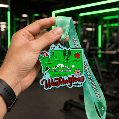 Virtualrunevent Race Through Washington medal held in hand, featuring Washington landmarks and race details for 5K, 10K, or half marathon.