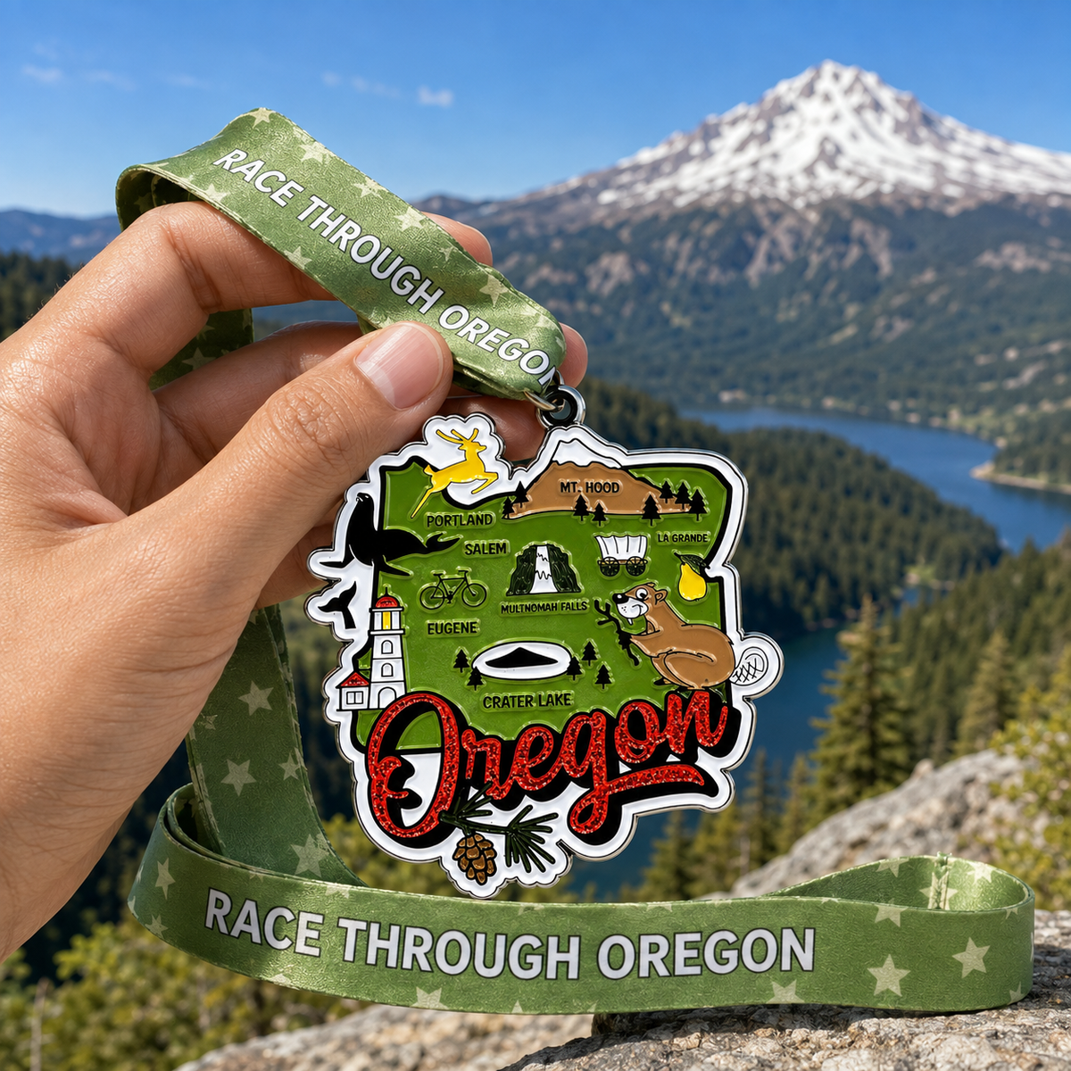 Hand holding a virtualrunevent Race Through Oregon medal for 5K, 10K, half marathon, and marathon virtual race event.