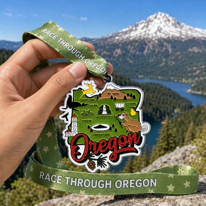 Hand holding a virtualrunevent Race Through Oregon medal for 5K, 10K, half marathon, and marathon virtual race event.