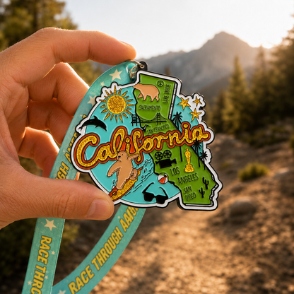 Hand holding a virtualrunevent medal for the Race Through California virtual race, featuring a colorful design for 5K to 50 Mile challenges.