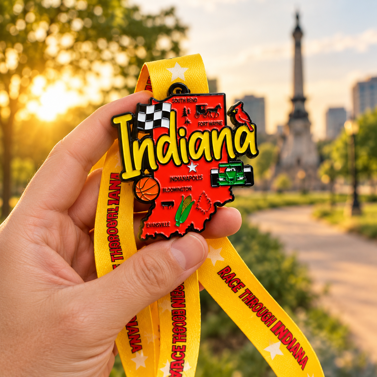 Hand holding Indiana Race virtual medal featuring Indiana map and race details for 5K, 10K, Half Marathon, and 50 Mile Challenge.