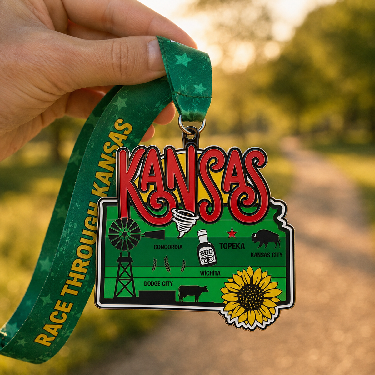Hand holding a Virtual Run Event Race Through America 50 State Challenge medal with a colorful design and engraved state names.