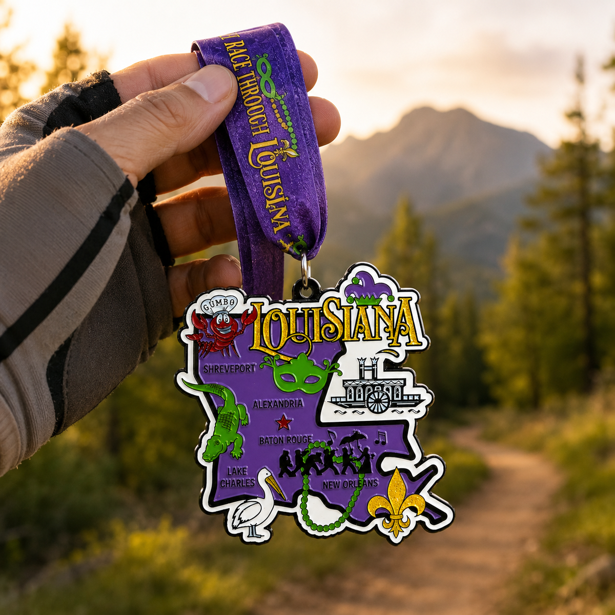 Hand holding a race medal from VirtualRunEvent for the Race Through Louisiana virtual race, featuring 5K, 10K, half marathon, and 50-mile challenge.