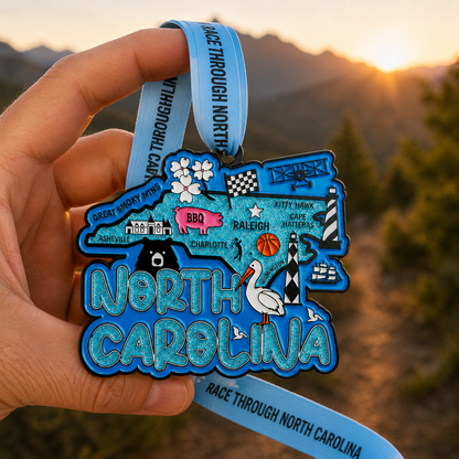 VirtualRunEvent North Carolina race medal, hand holding 5K, 10K, half marathon, or 50-mile challenge medal, detailed design visible.