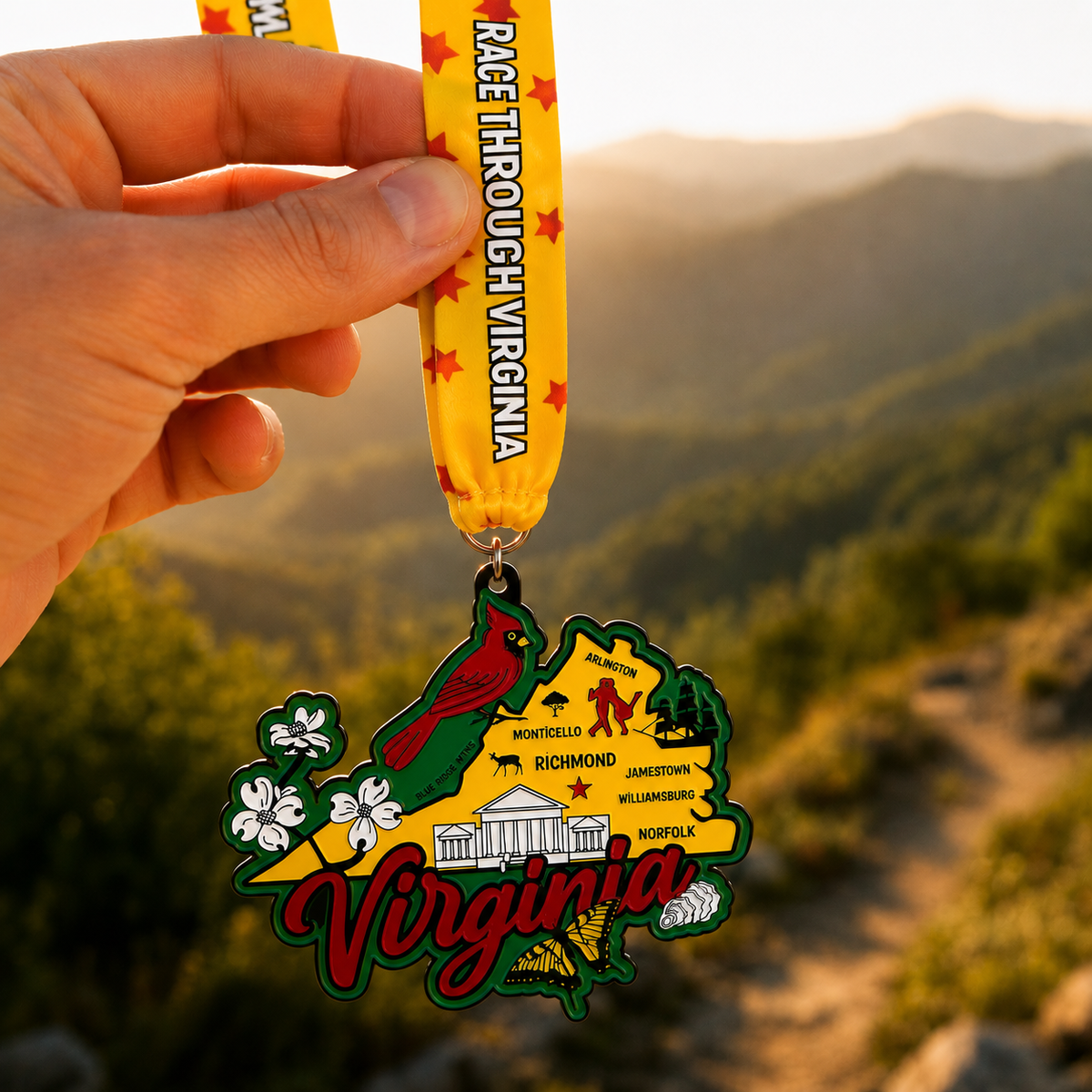 Hand holding the Race Through Virginia virtual race medal featuring 5K, 10K, half marathon, and marathon designs.