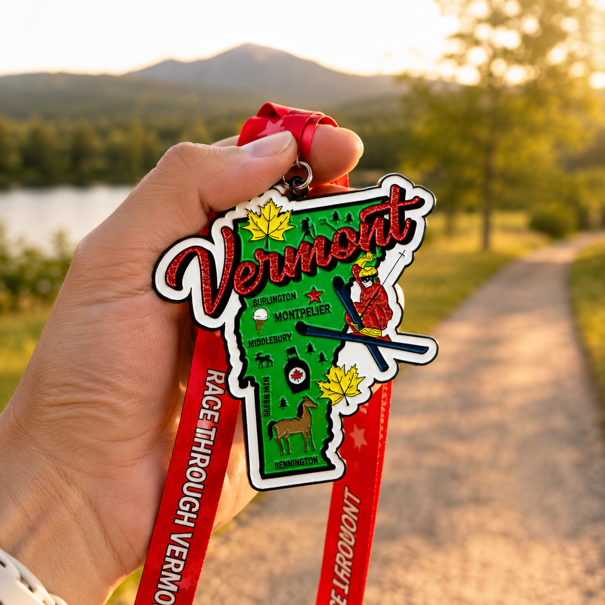 Hand holding a virtualrunevent Race Through Vermont medal featuring mountain and race details for 5K, 10K, half marathon, and marathon.