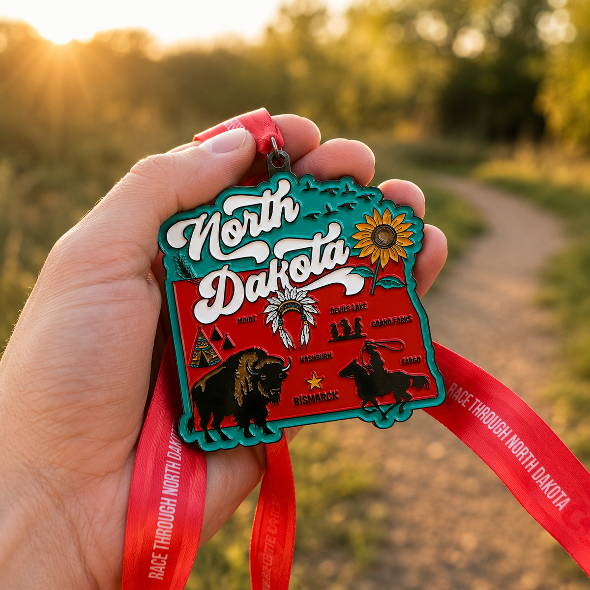 Hand holding a virtualrunevent North Dakota Race medal for 5K, 10K, half marathon, or 50 mile challenge.
