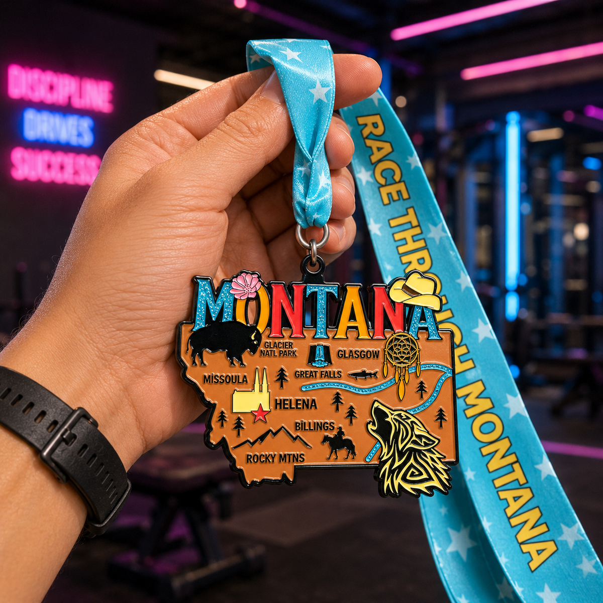 Virtualrunevent Race Through Montana medal held in hand, featuring mountain and trail designs for 5K, 10K, Half Marathon, and 50 Mile challenge