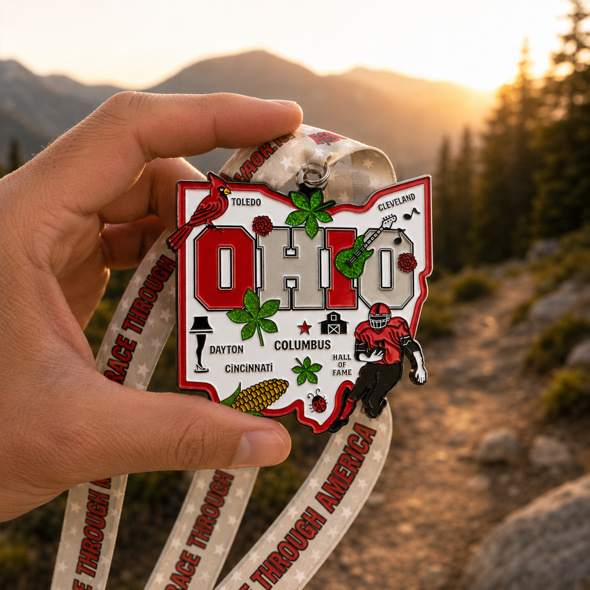 Hand holding the VirtualRunEvent Race Through Ohio medal with bib, featuring colorful design and event branding.