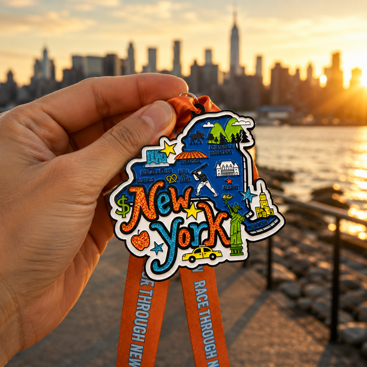 Hand holding a virtualrunevent Race Through New York medal for 5K, 10K, Half Marathon, or 50 Mile Challenge.