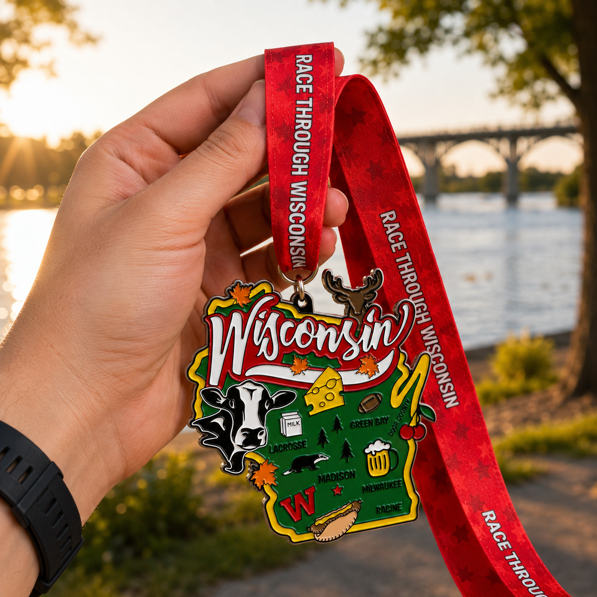 VirtualRunEvent Wisconsin race medal featuring a detailed design, held in hand, for 5K, 10K, half marathon, and marathon categories.
