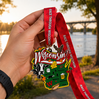 VirtualRunEvent Wisconsin race medal featuring a detailed design, held in hand, for 5K, 10K, half marathon, and marathon categories.