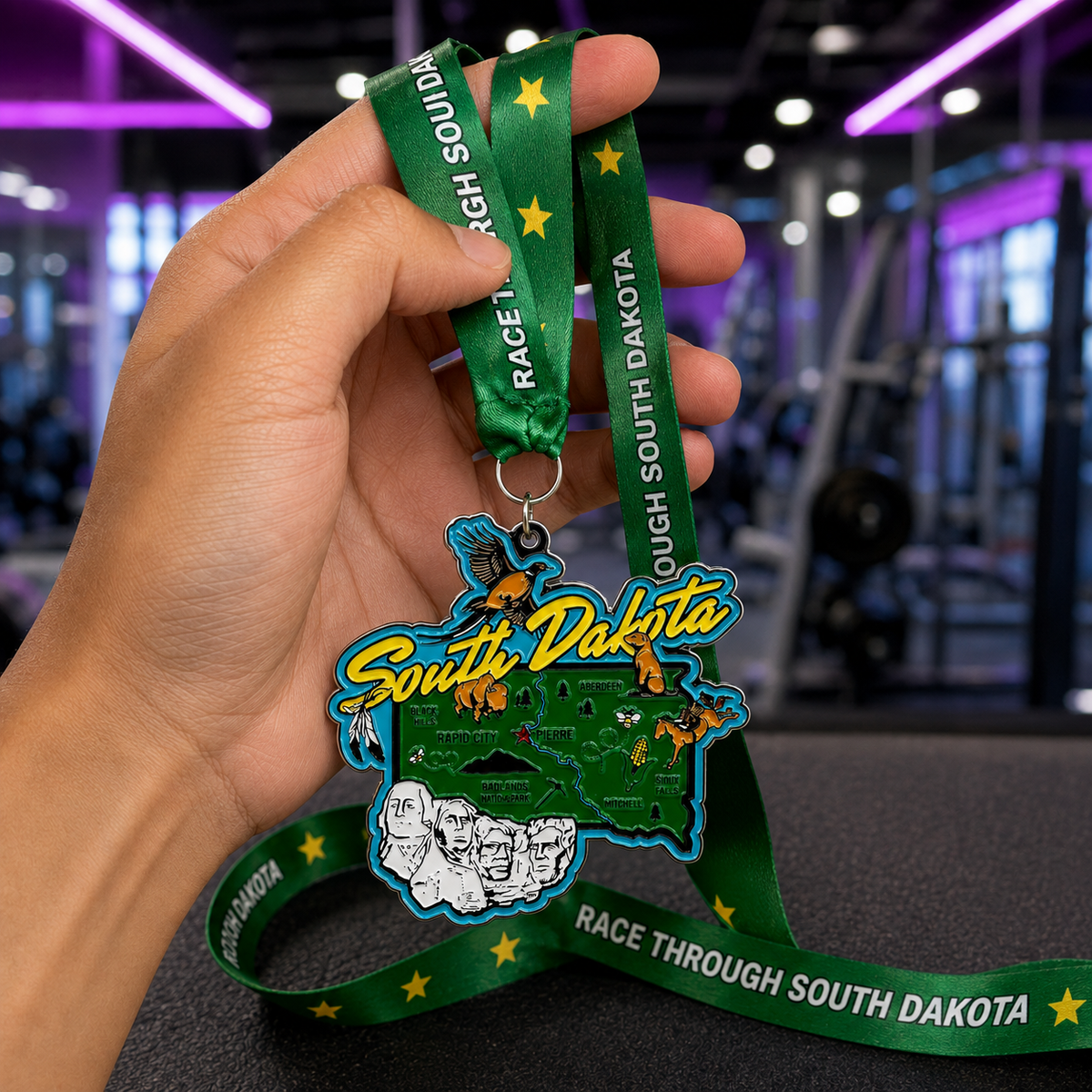 Virtualrunevent Race Through South Dakota medal held in hand, celebrating 5K, 10K, half marathon, and marathon virtual race achievement.