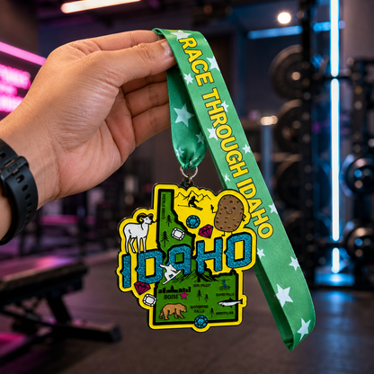 Hand holding a medal for the Race Through Idaho Virtual Race featuring 5K, 10K, Half Marathon, and 50 Mile Challenge by virtualrunevent.