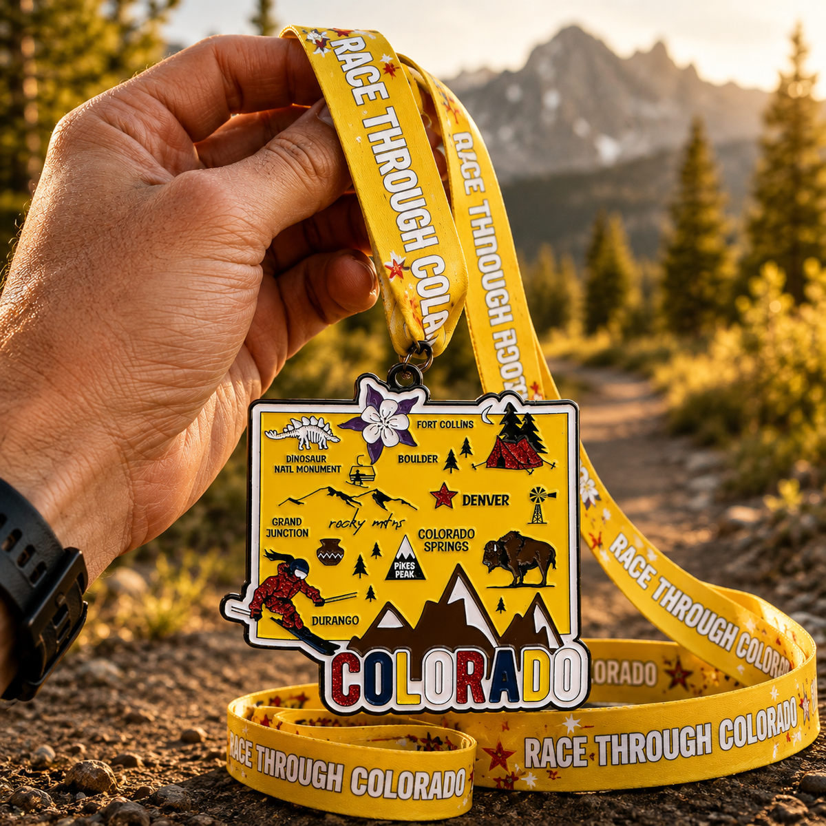 Virtualrunevent Colorado Race medal featuring a colorful design and engraved text, held in a hand against a blurred background.