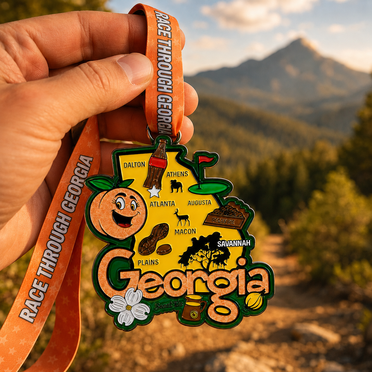 Hand holding the Virtualrunevent Race Through Georgia medal with 1M, 5K, and 10K race details visible.