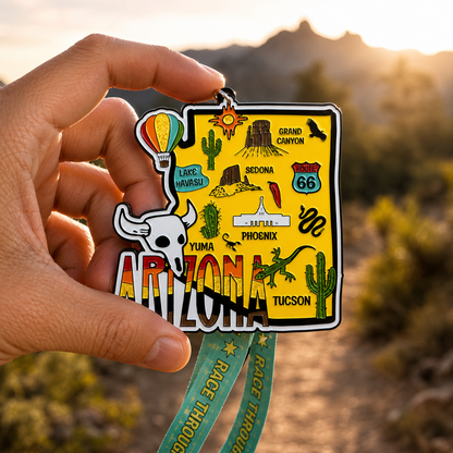 Virtualrunevent Race Through Arizona medal held in hand, featuring desert landscape design for 5K, 10K, half marathon, and 50-mile challenge.