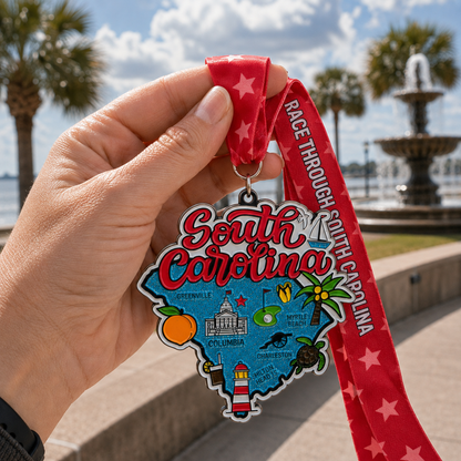 Virtualrunevent Medal for Race Through South Carolina virtual 5K, 10K, half marathon, and marathon event. Hand holding the medal.