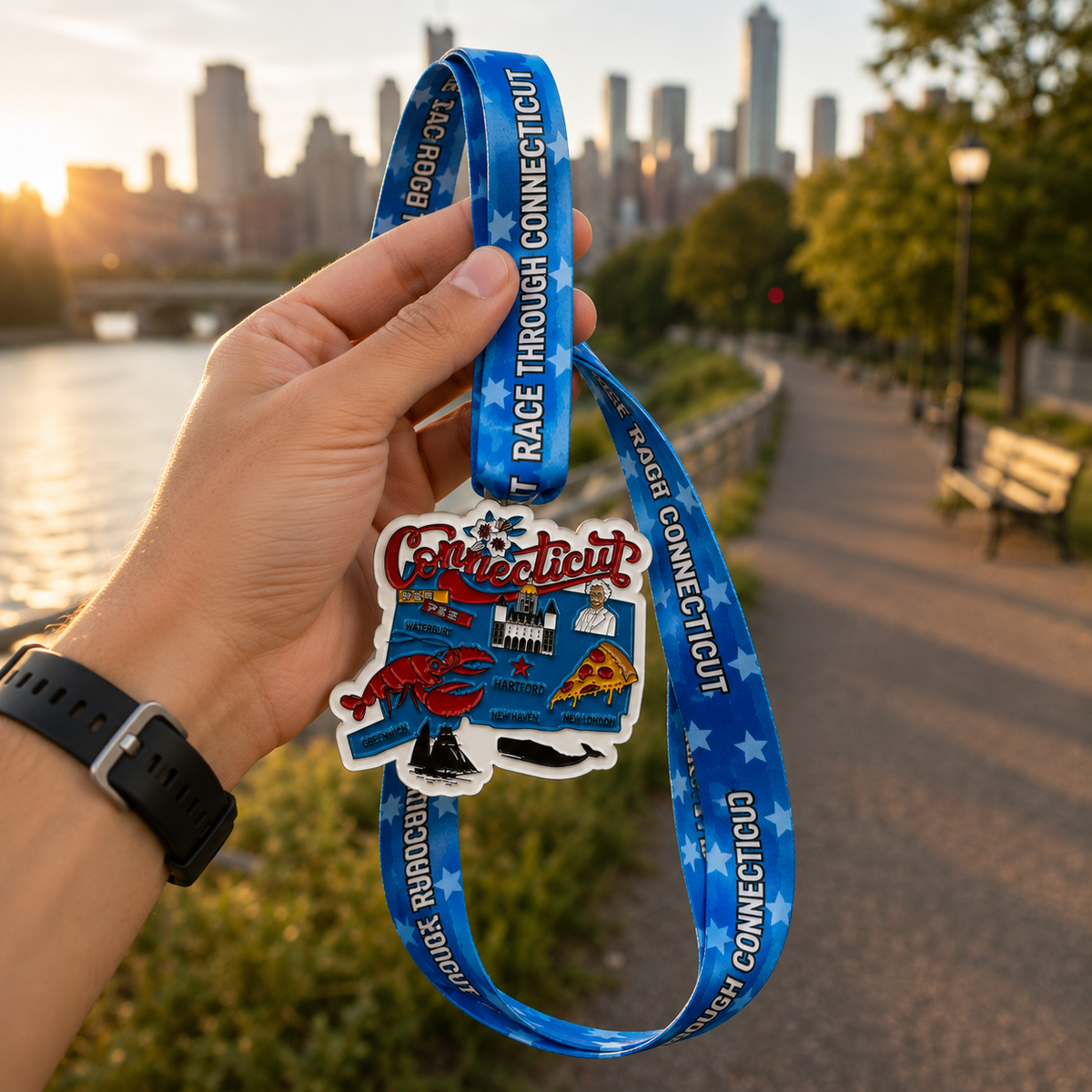 Virtualrunevent Connecticut Race medal held by hand, showcasing a 5K, 10K, half marathon, and 50-mile challenge medal design.