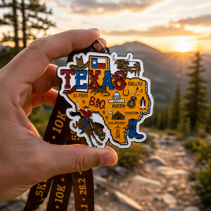Hand holding a virtualrunevent Race Through Texas medal featuring Texas map and race details, designed for 5K, 10K, Half Marathon & 50 Mile Challenge.