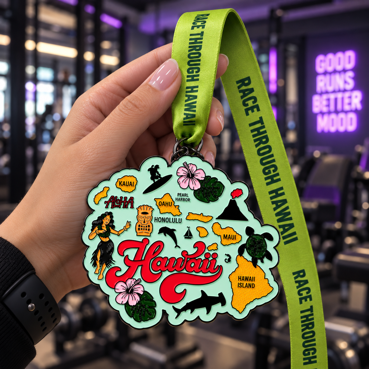 Virtualrunevent Hawaii race medal held in hand, featuring tropical design for 5K, 10K, half marathon, and 50 mile challenge.