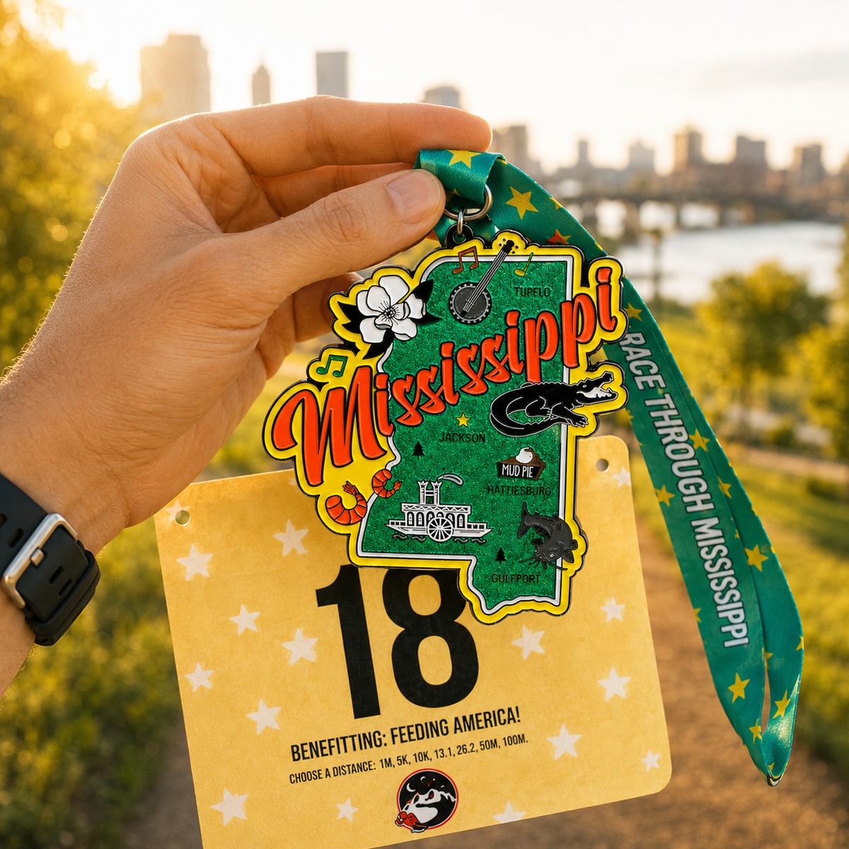 Virtualrunevent Mississippi Race medal featuring a hand holding a detailed medal for 5K, 10K, Half Marathon, and 50 Mile Challenge.