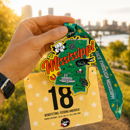 Virtualrunevent Mississippi Race medal featuring a hand holding a detailed medal for 5K, 10K, Half Marathon, and 50 Mile Challenge.