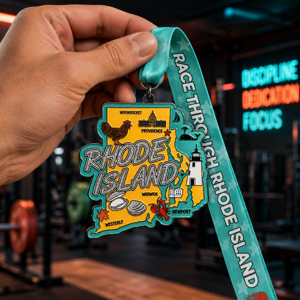 Hand holding the Race Through Rhode Island Virtual Race medal, featuring a colorful design for 5K, 10K, half marathon, and marathon events.