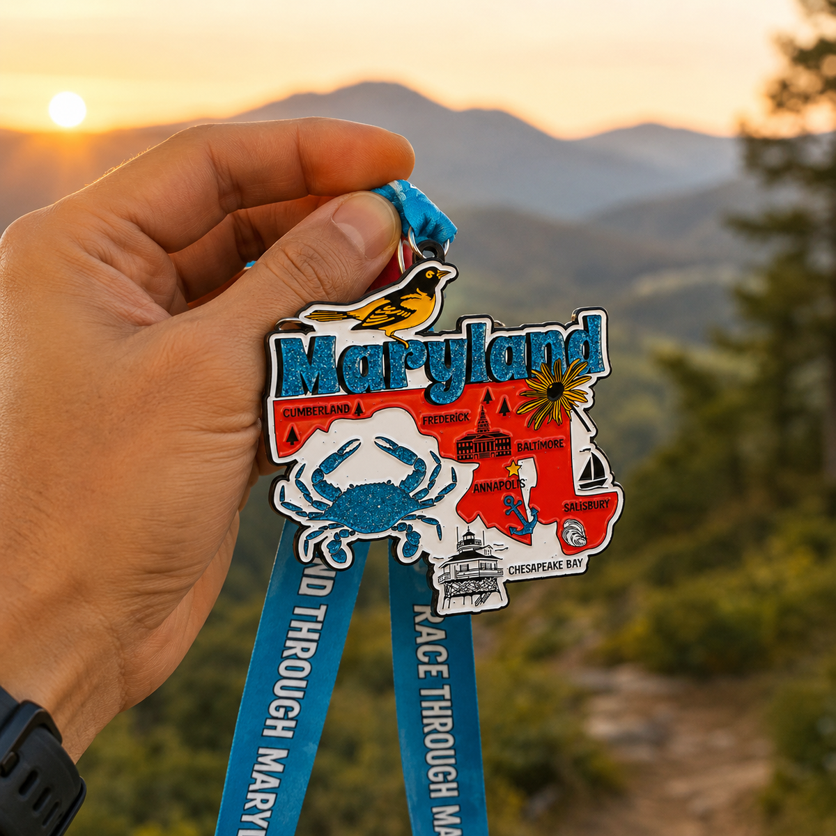 Virtualrunevent Maryland Race medal held in hand, featuring engraved design for 5K, 10K, half marathon, and 50-mile challenge.