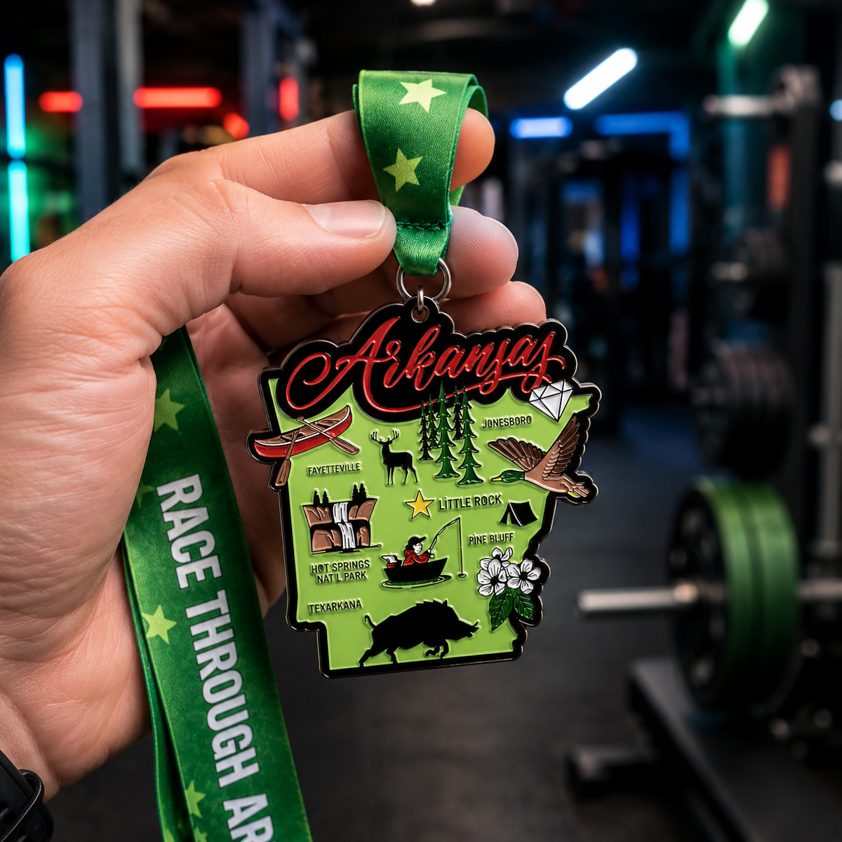 Hand holding the Race Through Arkansas Virtual Race medal featuring Arkansas landmarks, 5K, 10K, Half Marathon, and 50 Mile Challenge design.
