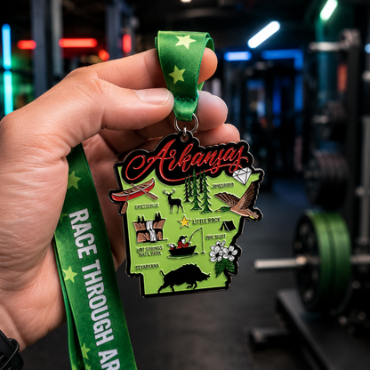 Hand holding the Race Through Arkansas Virtual Race medal featuring Arkansas landmarks, 5K, 10K, Half Marathon, and 50 Mile Challenge design.