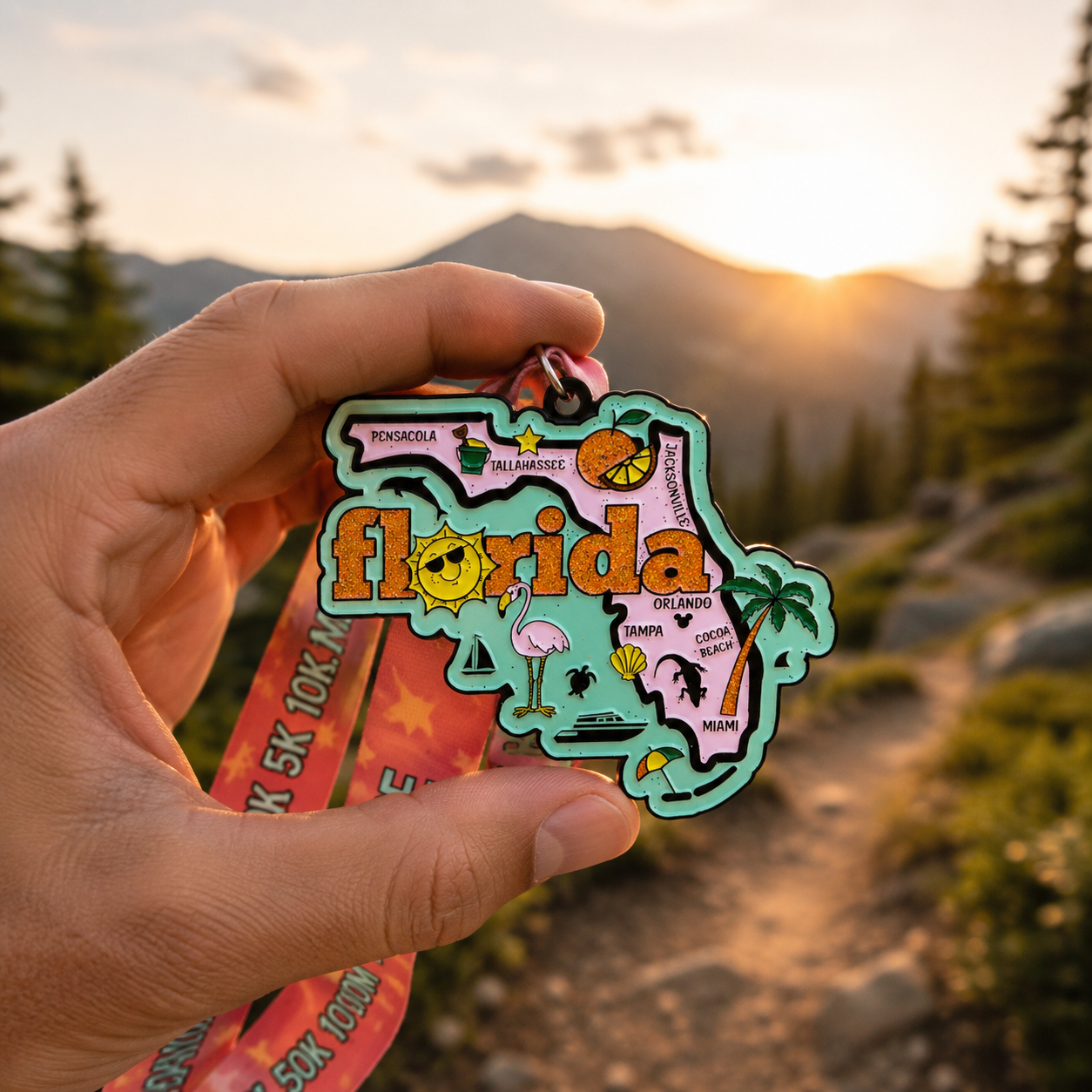 Hand holding a Florida-themed VirtualRunEvent medal and bib, featuring colorful race design and event branding.