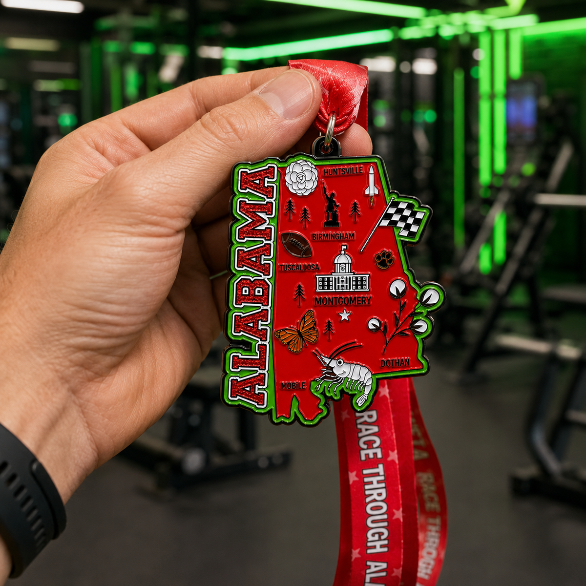 Virtualrunevent Race Through Alabama medal, hand holding a detailed finisher medal for 5K, 10K, Half Marathon, and 50 Mile Challenge.