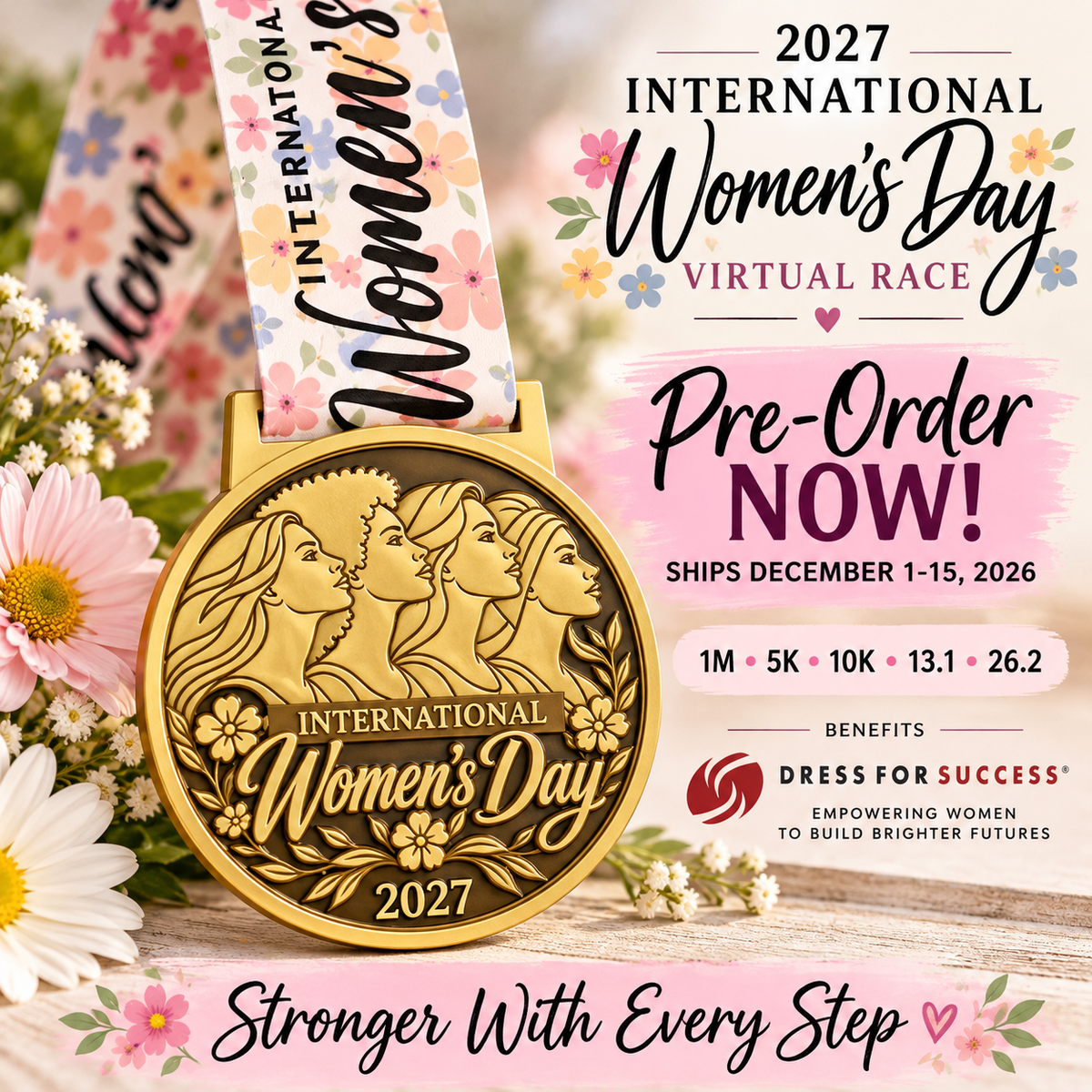 2027 Women's Day Virtual Race medal by virtualrunevent, celebrating empowerment with a colorful design for 5K, 10K, half marathon, and marathon.