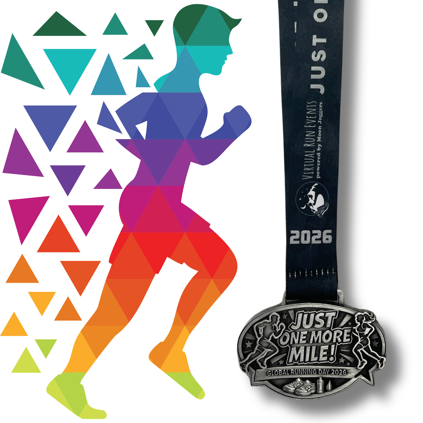 Virtualrunevent Just One More Mile Race 2026 medal for Global Running Day virtual event, featuring a circular design with event details.