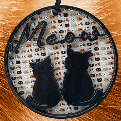 Layered wood and acrylic Meow Cat Christmas ornament for cat lovers, measuring 3.75 inches, perfect for holiday decor.