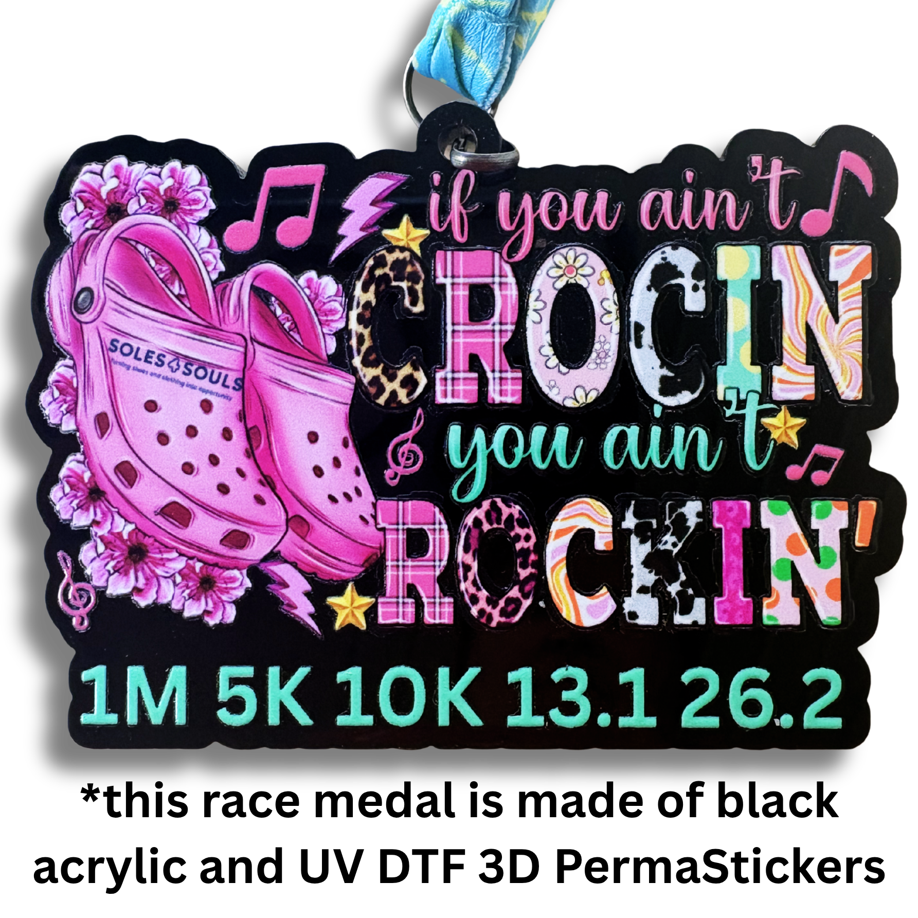 Virtualrunevent "If You Ain’t Crocin’, You Ain’t Rockin’" medal featuring a colorful design for the virtual race finisher.