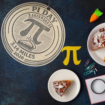 Wooden medal for Pi Day 5K Virtual Race 2026, featuring 3.14 miles and a circular Pi symbol design by virtualrunevent.