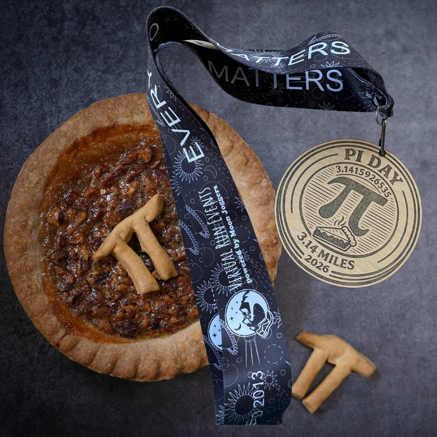 Pi Day 5K Virtual Race 2026 wooden medal with engraved race details and virtualrunevent branding, designed for runners celebrating Pi Day.