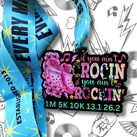 Virtualrunevent "If You Ain’t Crocin’, You Ain’t Rockin’" medal featuring a colorful design with race branding and vibrant graphics.